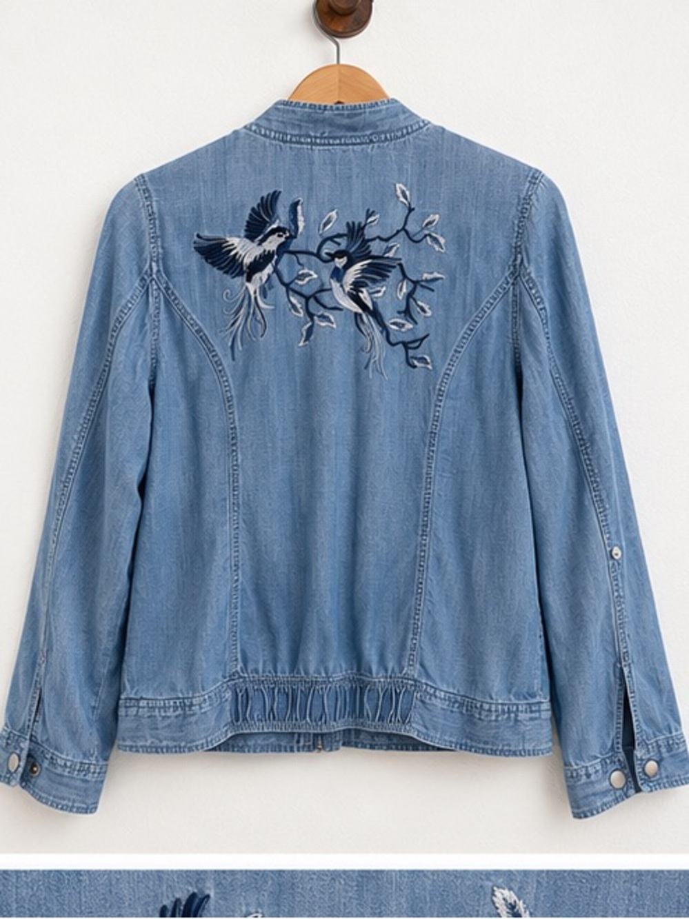 Chico's Light Blue Embroidered Denim Jacket with Birds